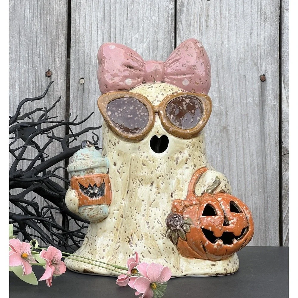 Cute Halloween Ceramic Ghost Figurine with Pumpkin and Coffee New 10in
